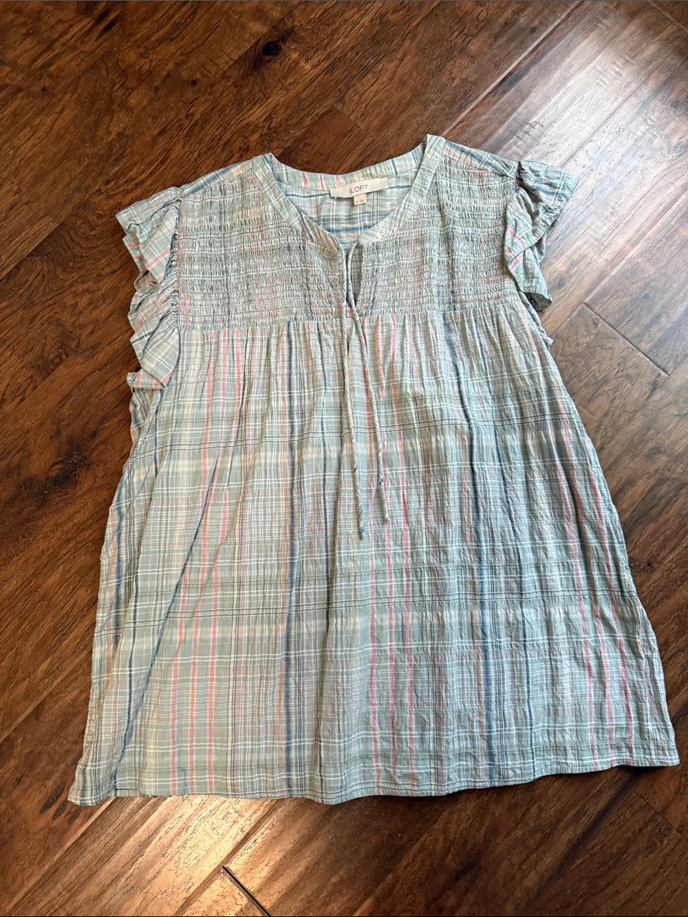 LOFT Light Green Plaid Smocked Ruffle Sleeve Blouse